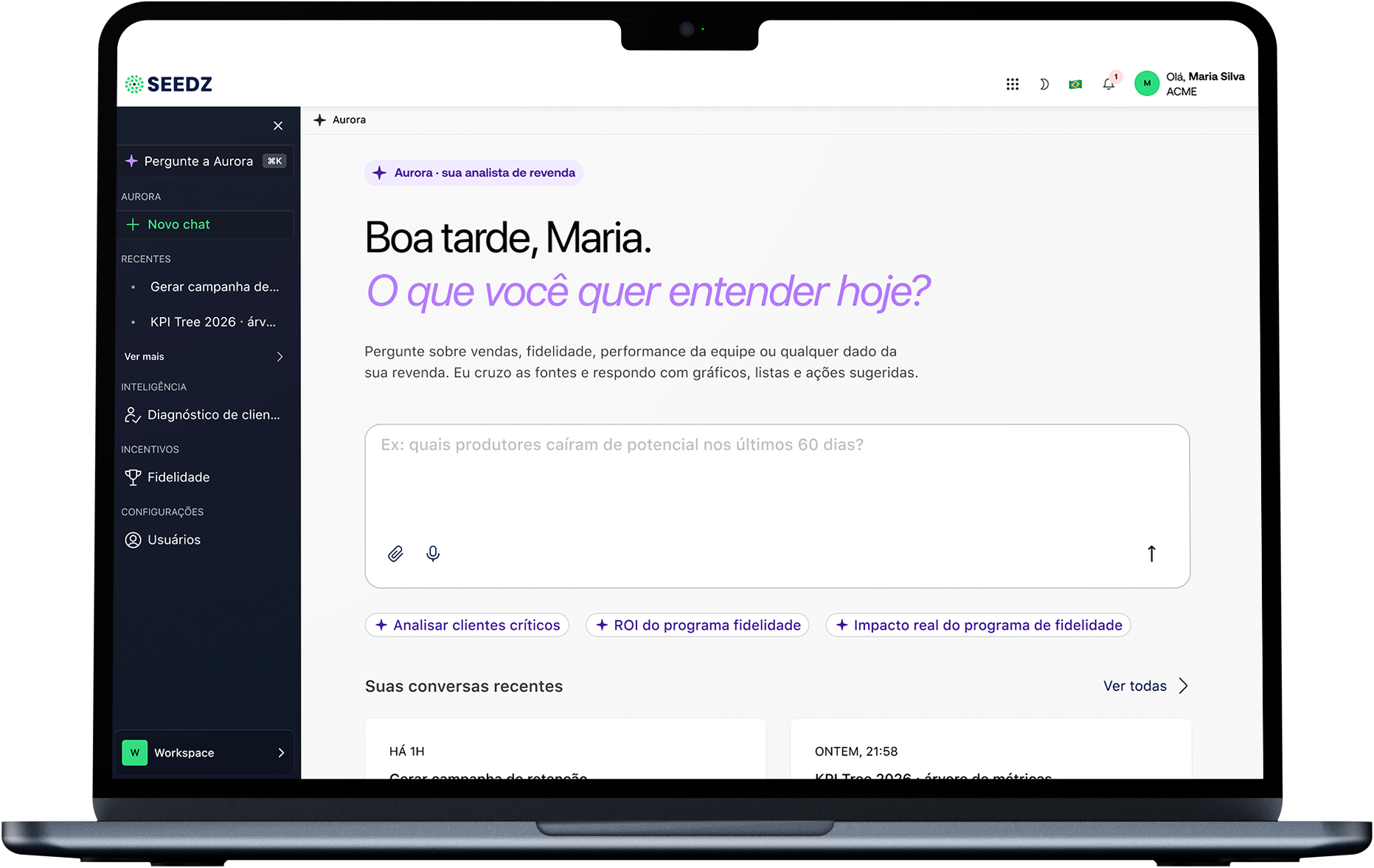 SEEDZ Aurora em um notebook: assistente de IA para revenda, com sugestões de análise de clientes críticos e ROI do programa de fidelidade